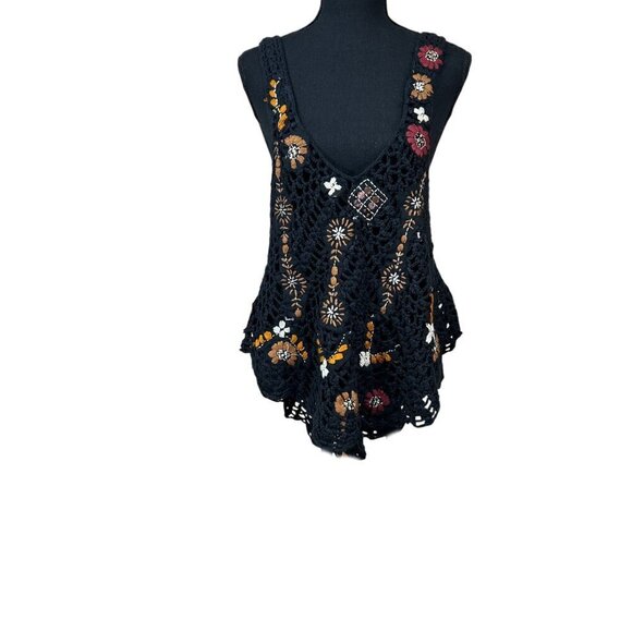 Free People NWT Black Sheer Embroidered Crochet Back Tie Tank Top Size XS - Picture 4 of 13